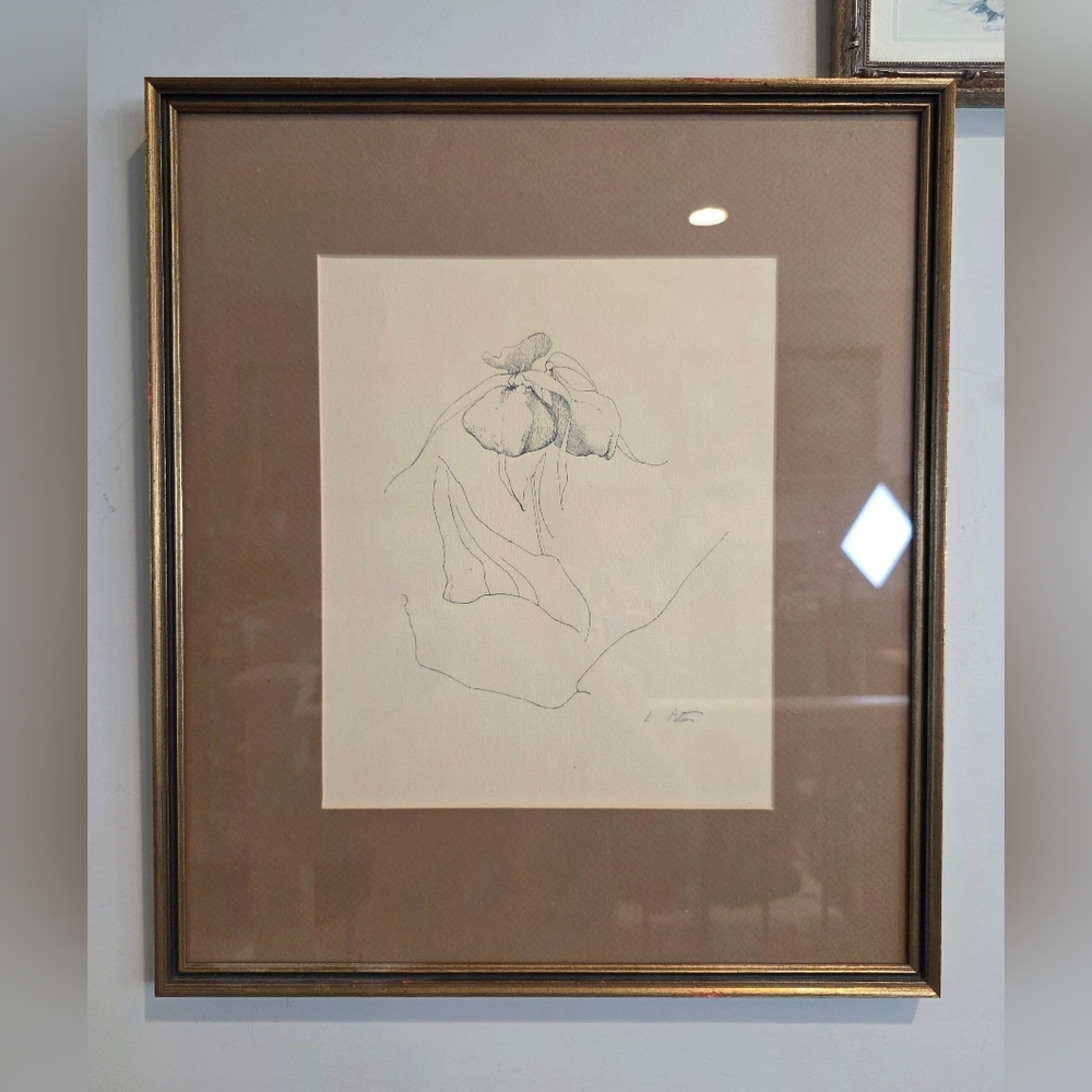Original Signed L. Peters Ink Drawing – Minimalist Lady Slipper Orchid Sketch